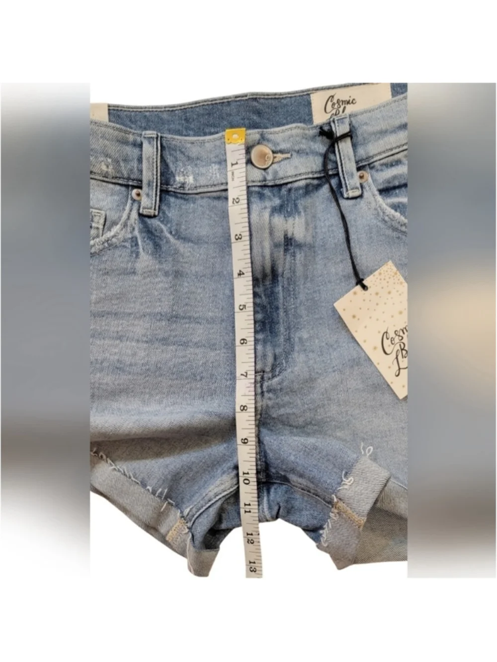 Cosmic Blue Love Distressed Denim Shorts Raw Hem Mid-Rise Summer Size 28